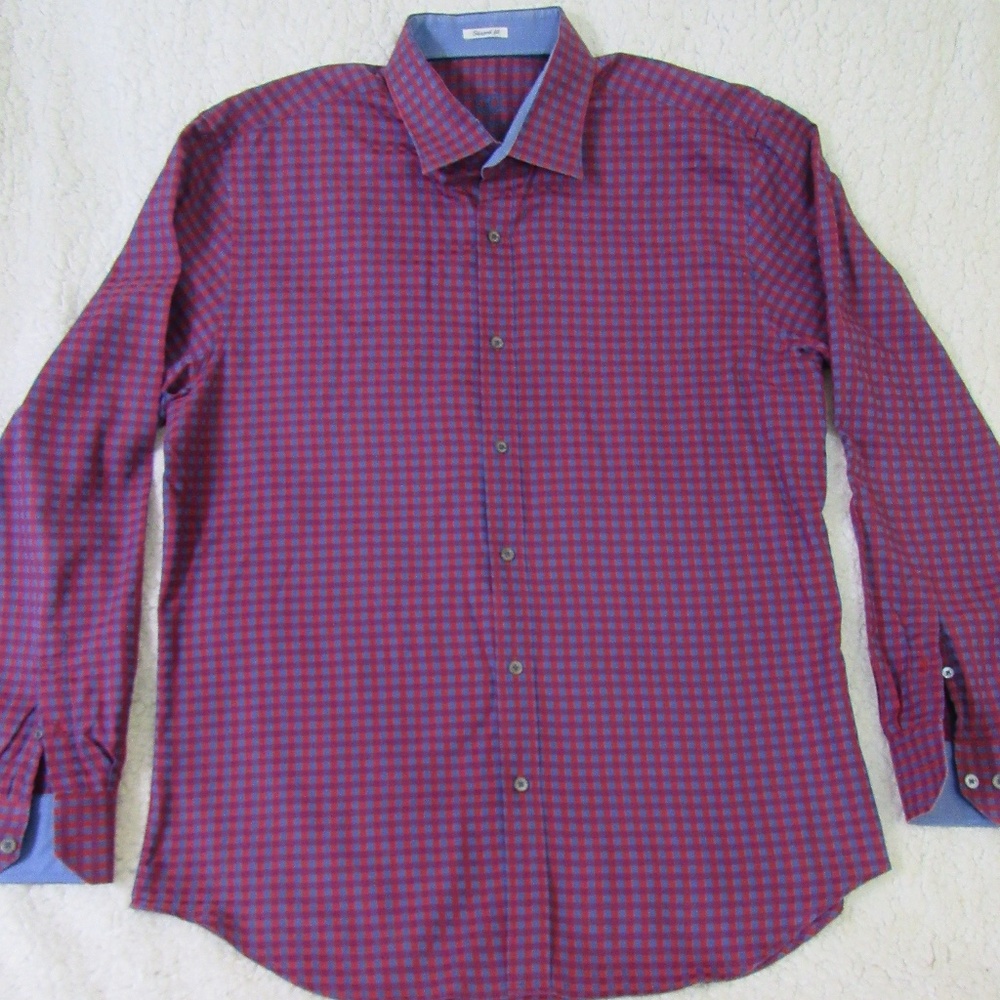 Bugatchi Shaped Fit Red Men's‎ Size XL Plaid Spread Contrast Collar